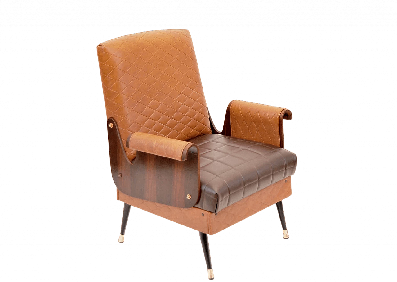 Walnut and faux leather armchair, 1960s 6