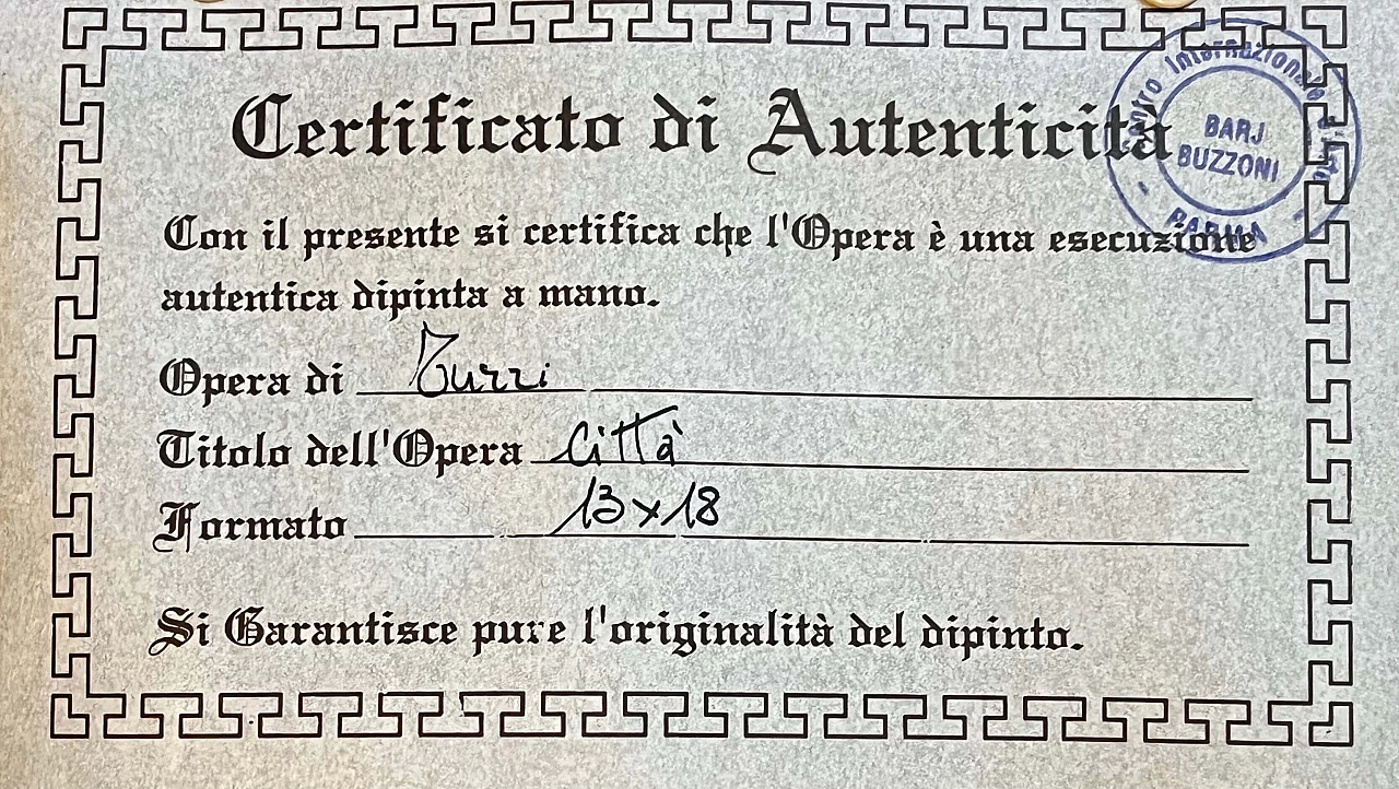 Turri, veduta di città, dipinto a olio su tavola 6