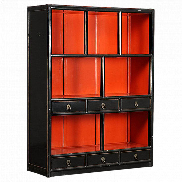 Oriental style red and black lacquered wood bookcase
