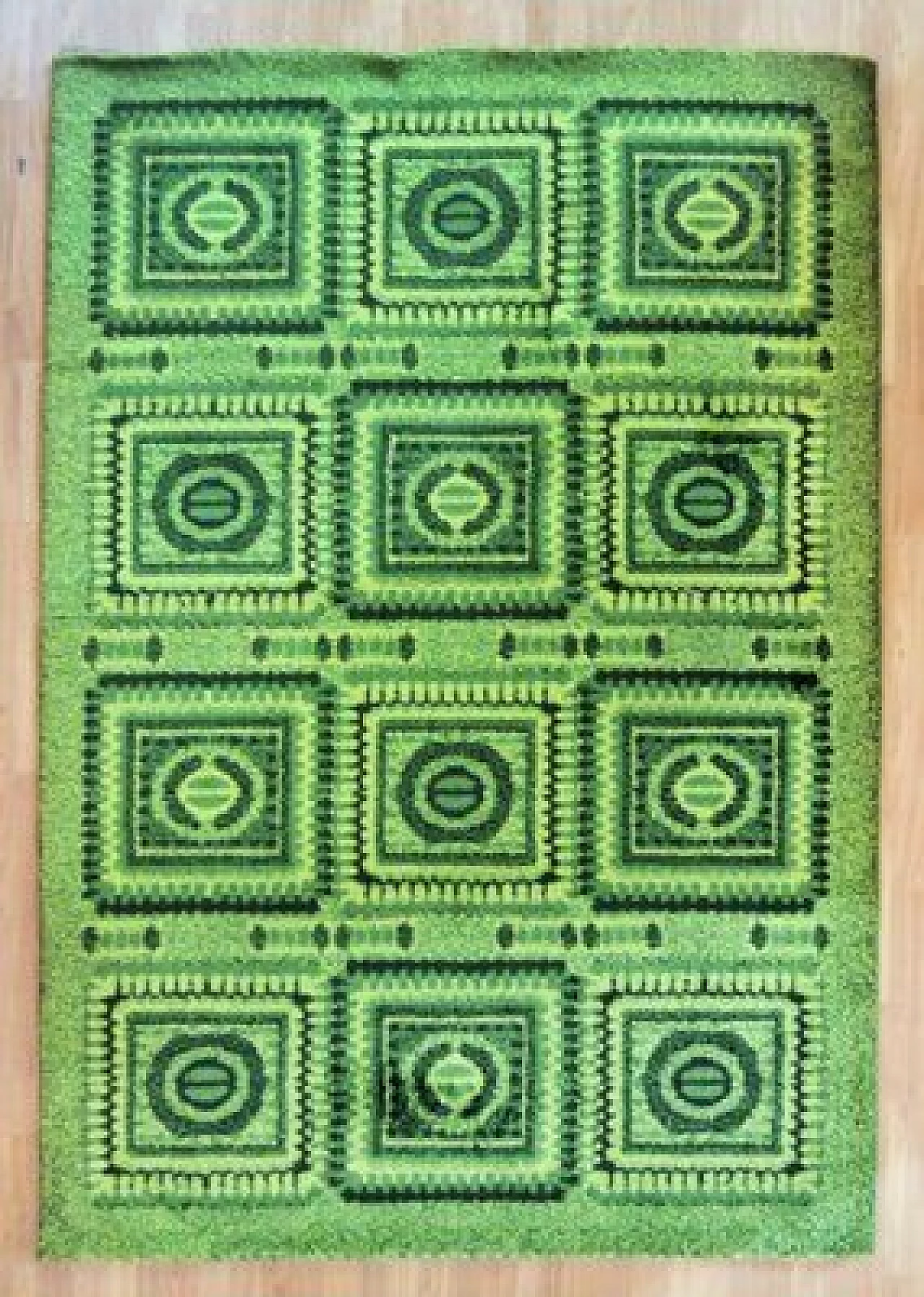 Vintage Green wool carpet with mosaic design, 1970s 1
