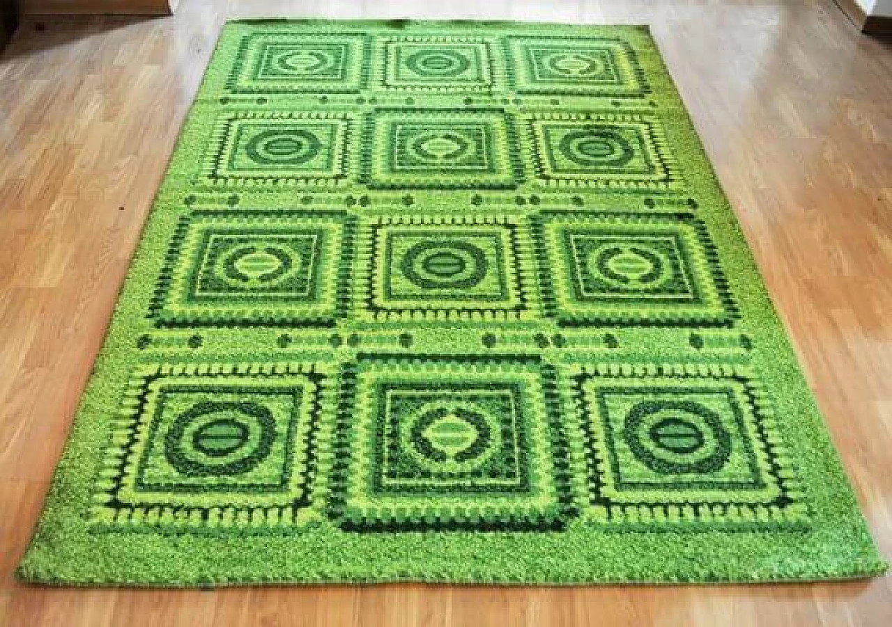 Vintage Green wool carpet with mosaic design, 1970s 2