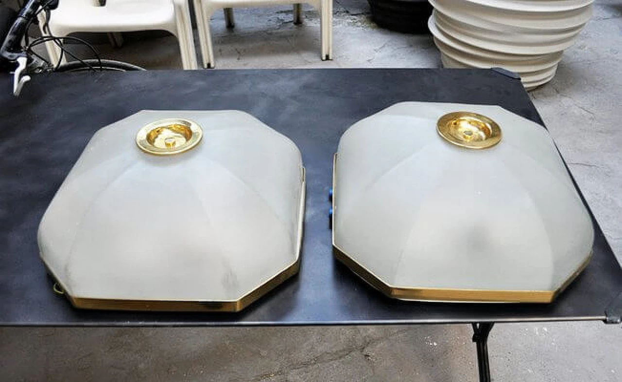 Pair of ceiling lamps in glass, brass and laquered metal, 1970s 2