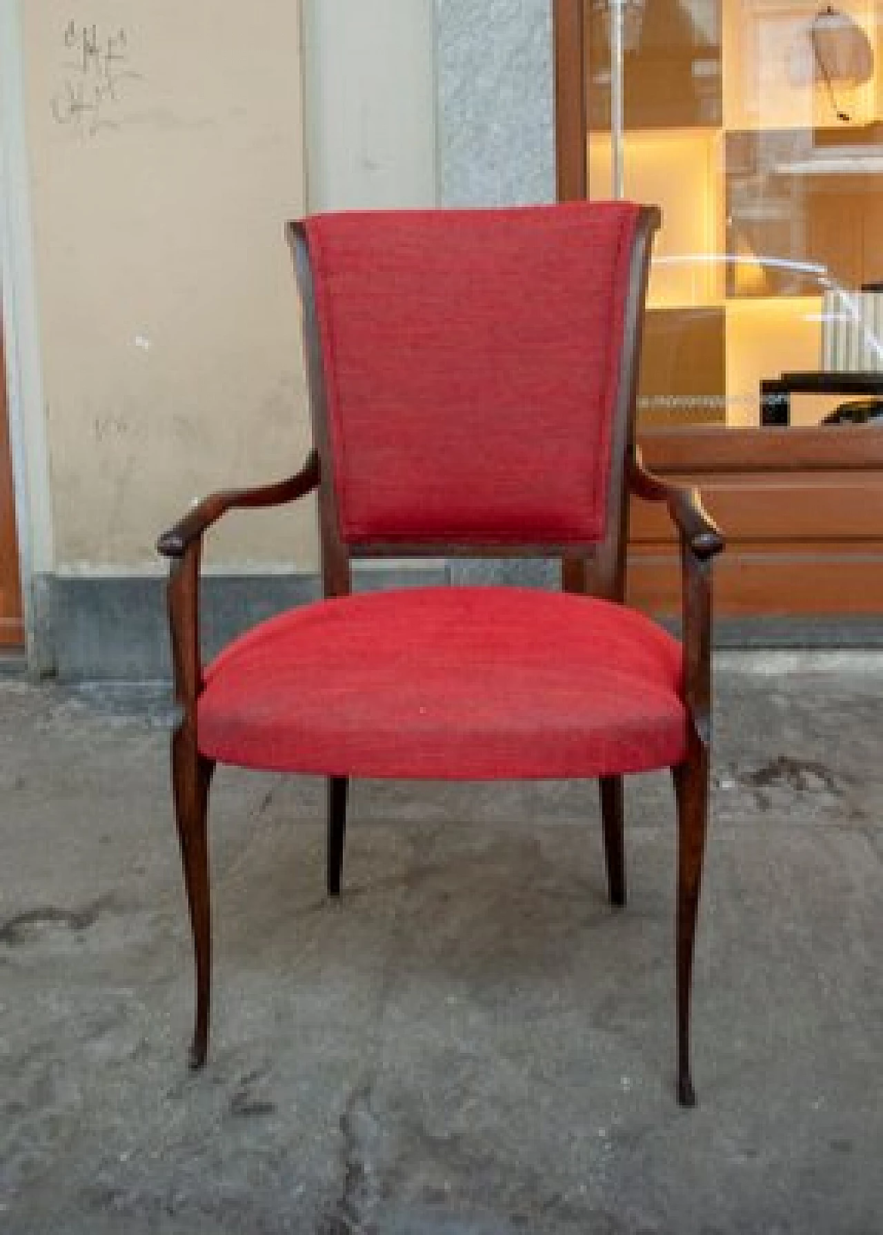 Pair of wooden armchairs with red fabric upholstery, 1950s 1