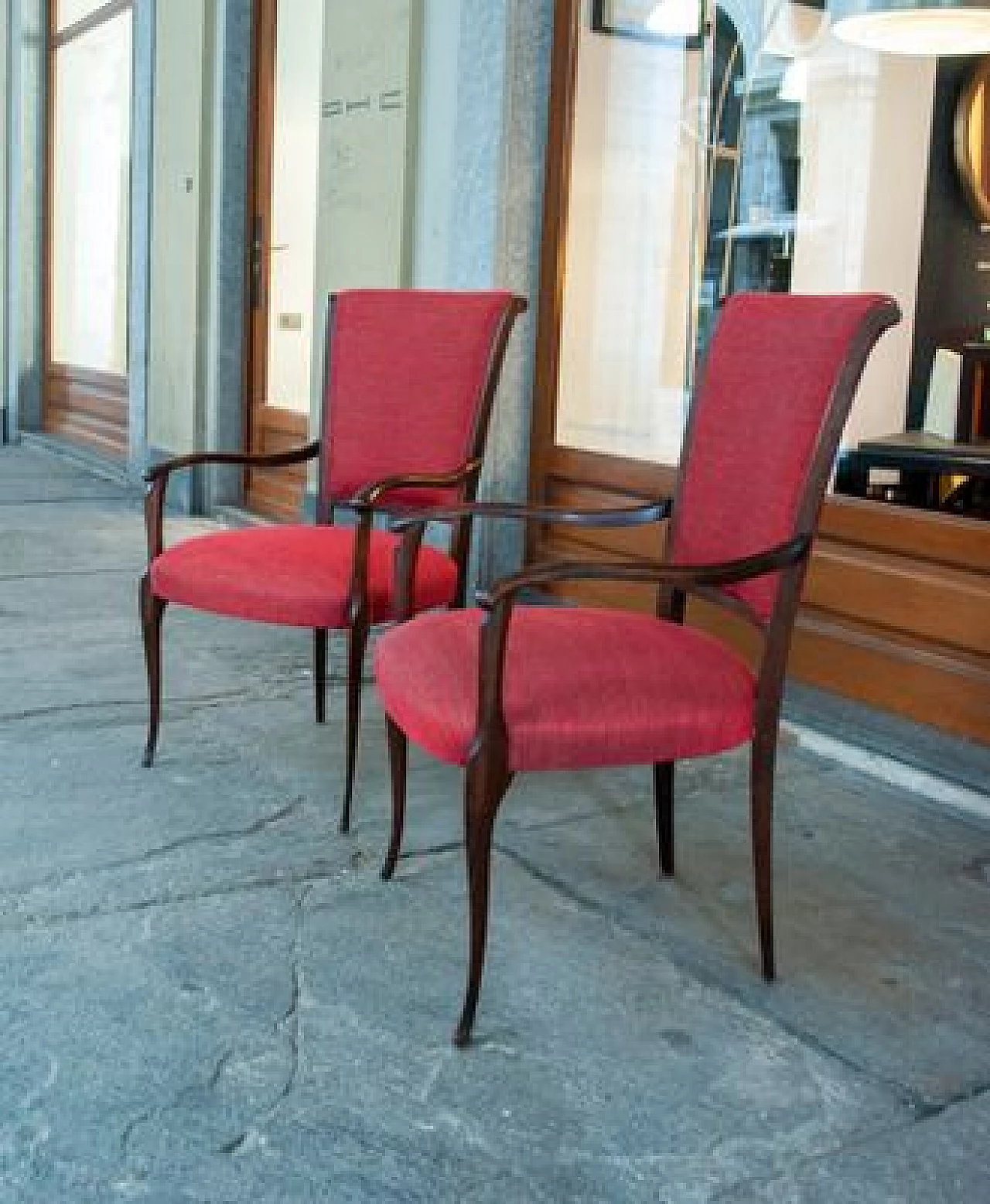 Pair of wooden armchairs with red fabric upholstery, 1950s 4