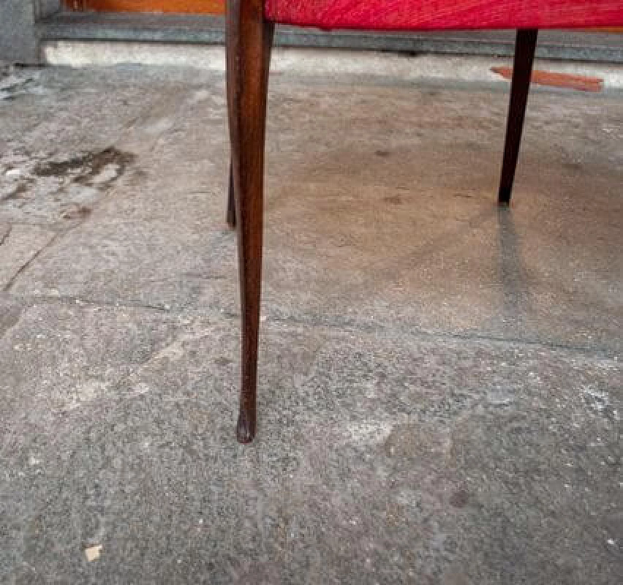 Pair of wooden armchairs with red fabric upholstery, 1950s 5