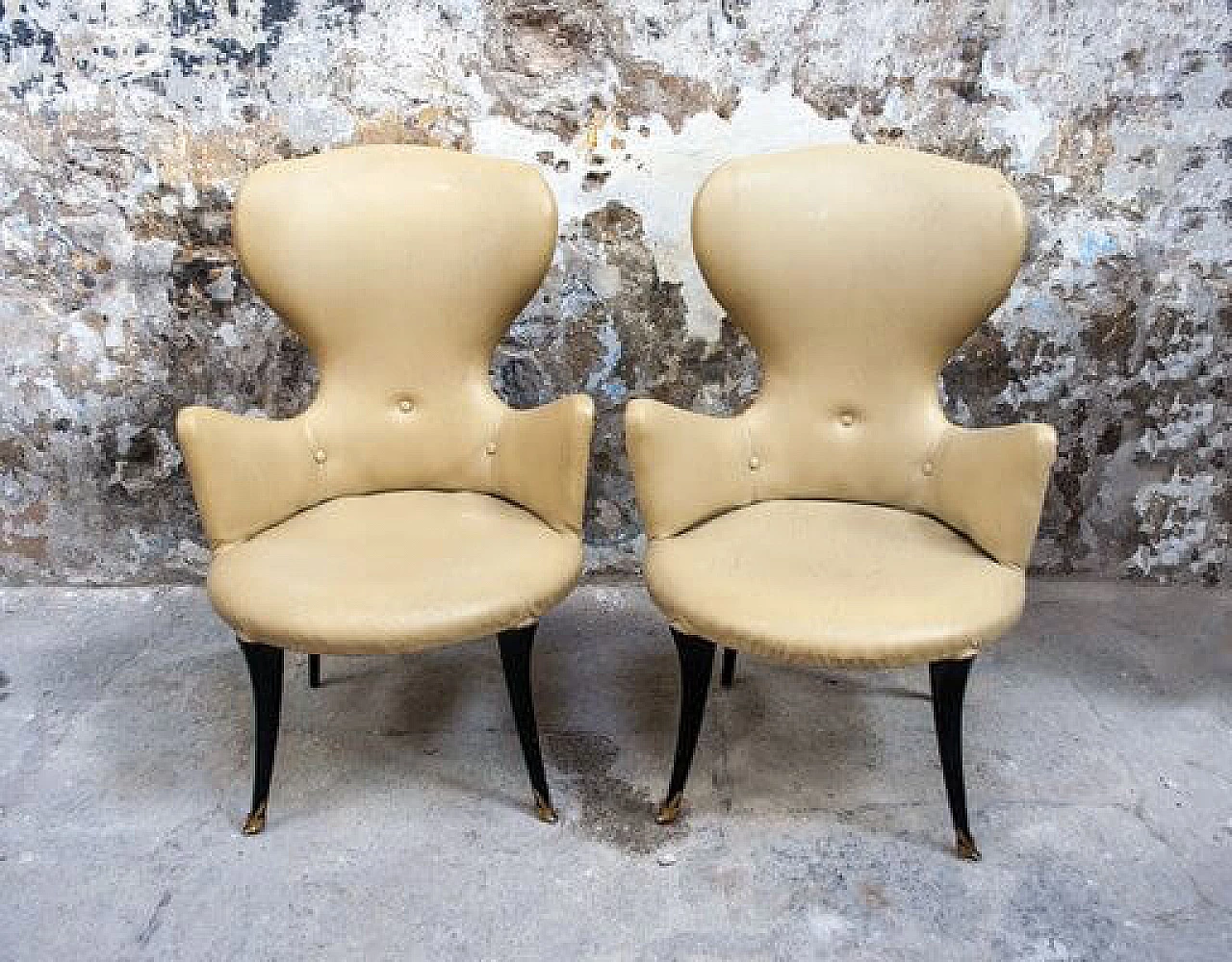 Pair of brass and vinyl armchairs, 1950s 3