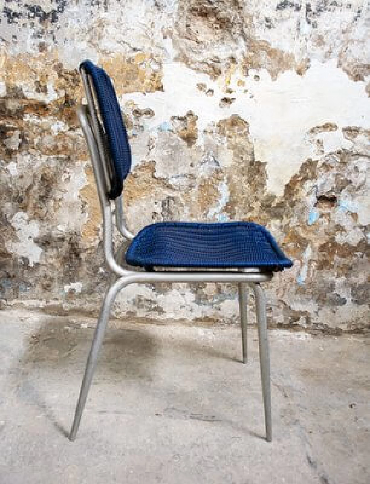 4 Sedie da pranzo in alluminio e plastica blu, anni '50 4