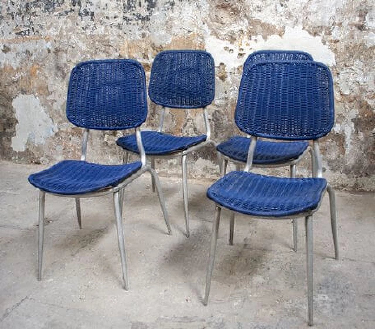4 aluminum and blue plastic dining chairs, 1950s 6