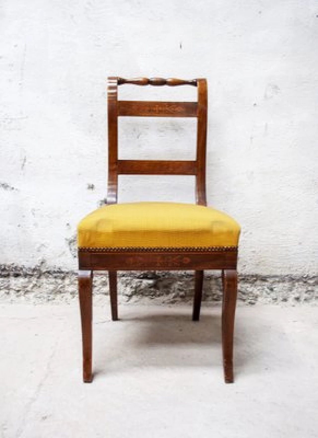 4 wooden chairs with padded seat upholdstered in yellow fabric, 1830s 1