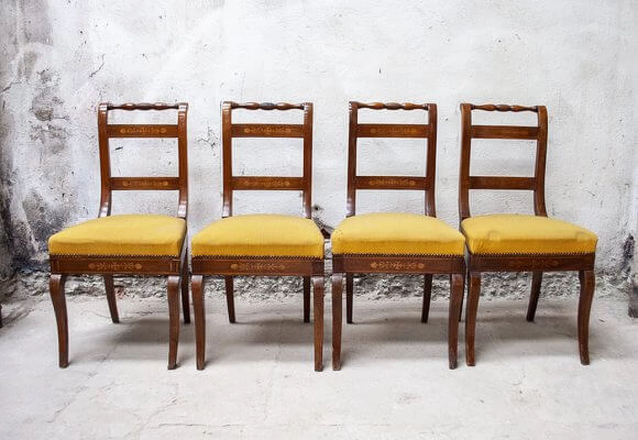 4 wooden chairs with padded seat upholdstered in yellow fabric, 1830s 2