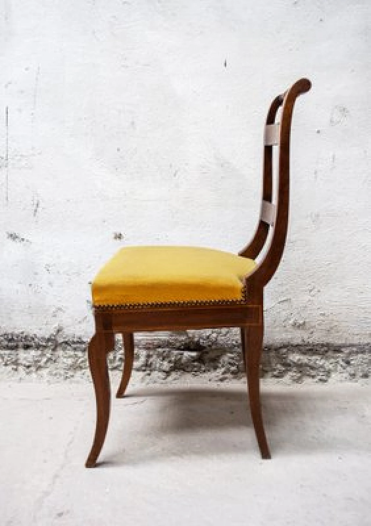 4 wooden chairs with padded seat upholdstered in yellow fabric, 1830s 3