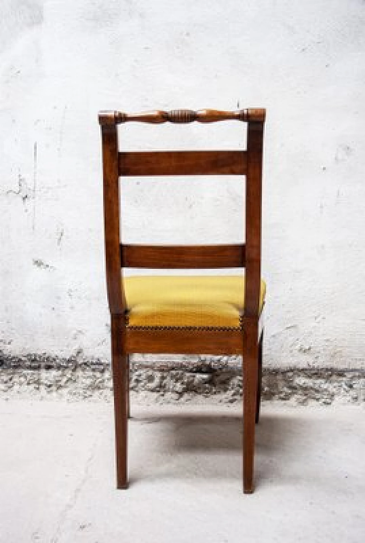 4 wooden chairs with padded seat upholdstered in yellow fabric, 1830s 4