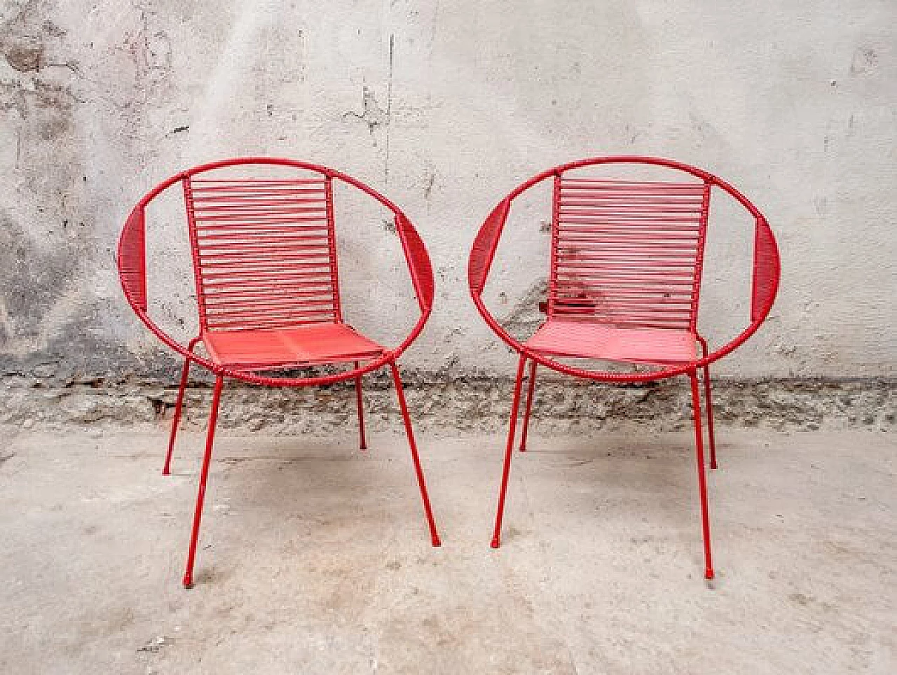 Pair of red children's chairs in iron and plastic, 1950s 2