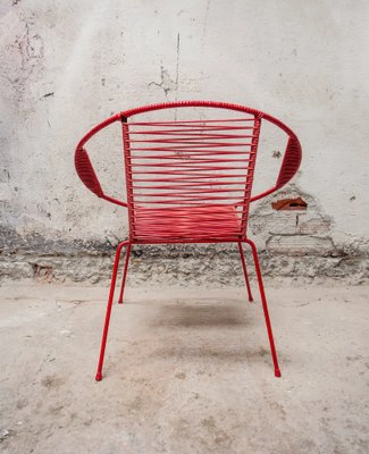 Pair of red children's chairs in iron and plastic, 1950s 5