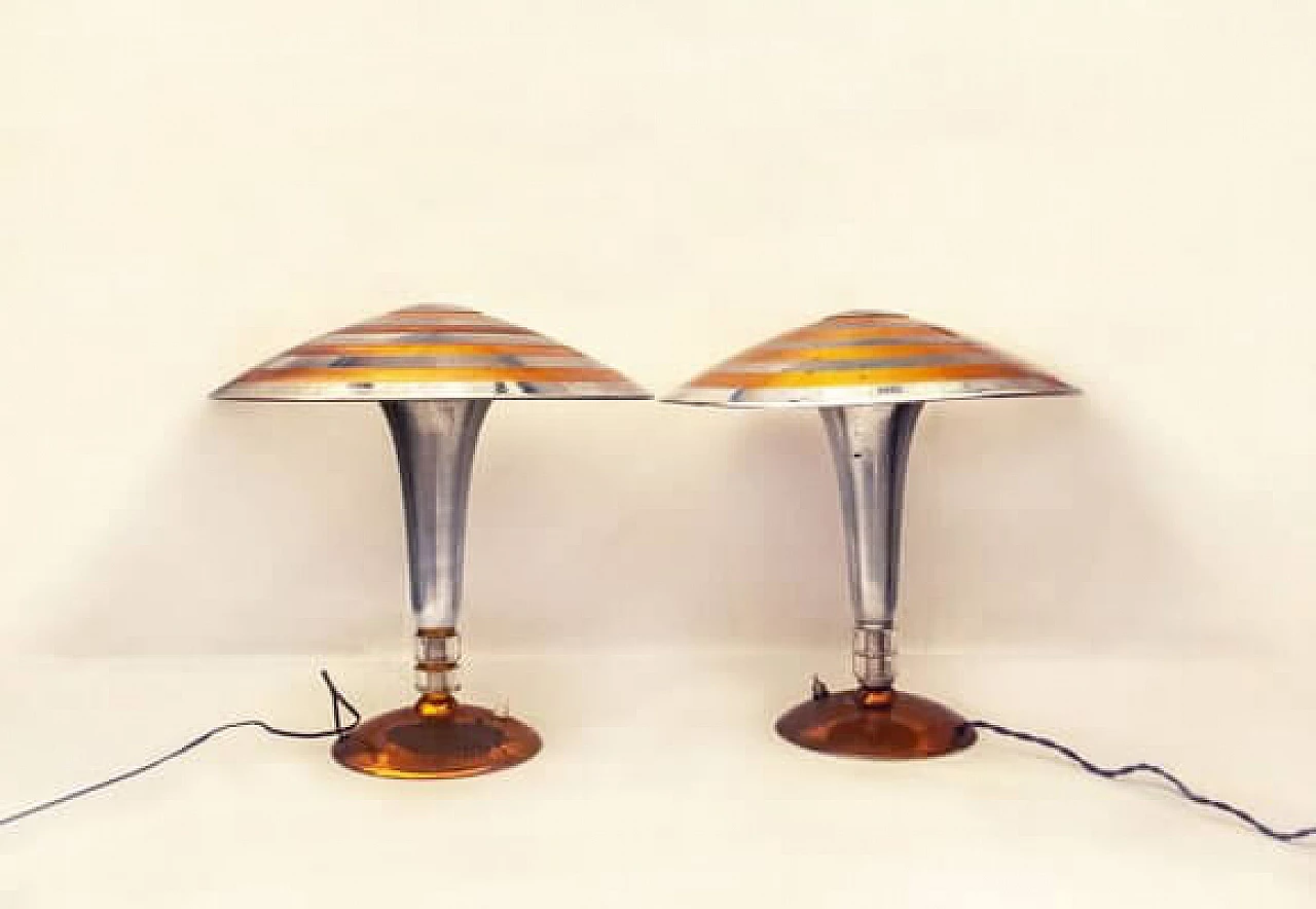 Pair of table lamps in chrome and copper metal, 1930s 2