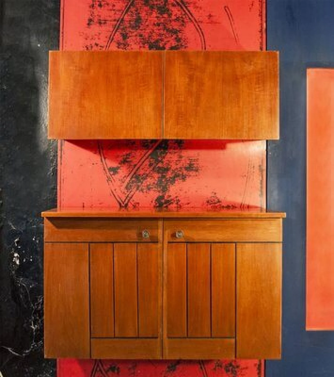 Wooden wall unit with bar cabinet decorated with boiserie, 1958 2