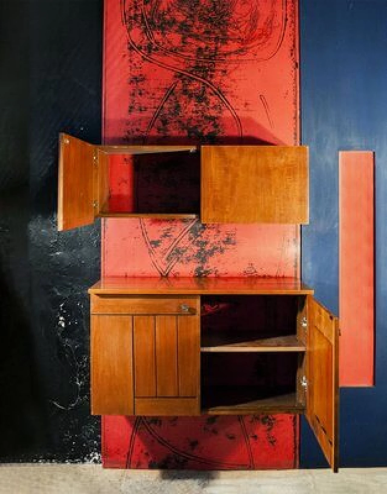 Wooden wall unit with bar cabinet decorated with boiserie, 1958 4