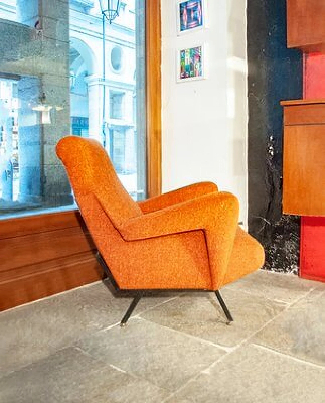 Orange armchair with iron legs and brass details, 1950s 2