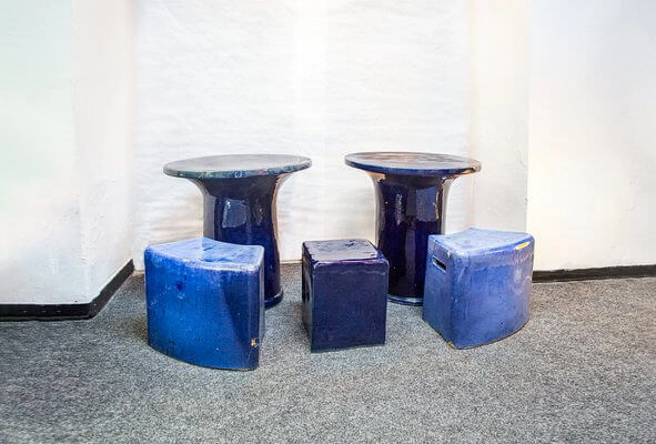 3 glazed ceramic Inout stools & 2 tables by Paola Navone for Gervasoni 1882, 1980s 1