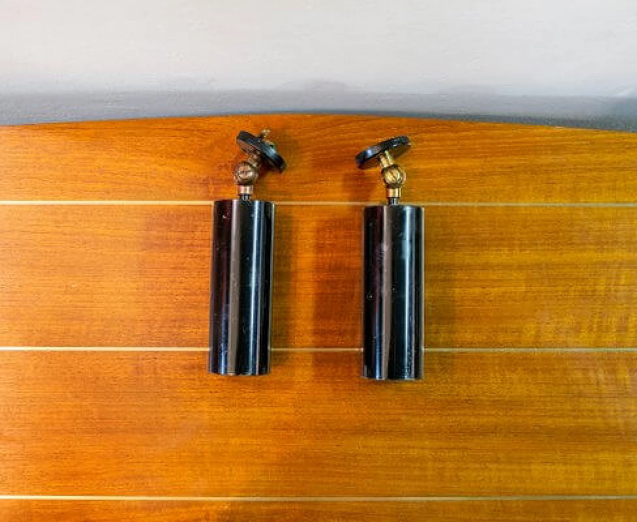 Pair of metal spotlights with brass details in Stilnovo's style, 1950 1