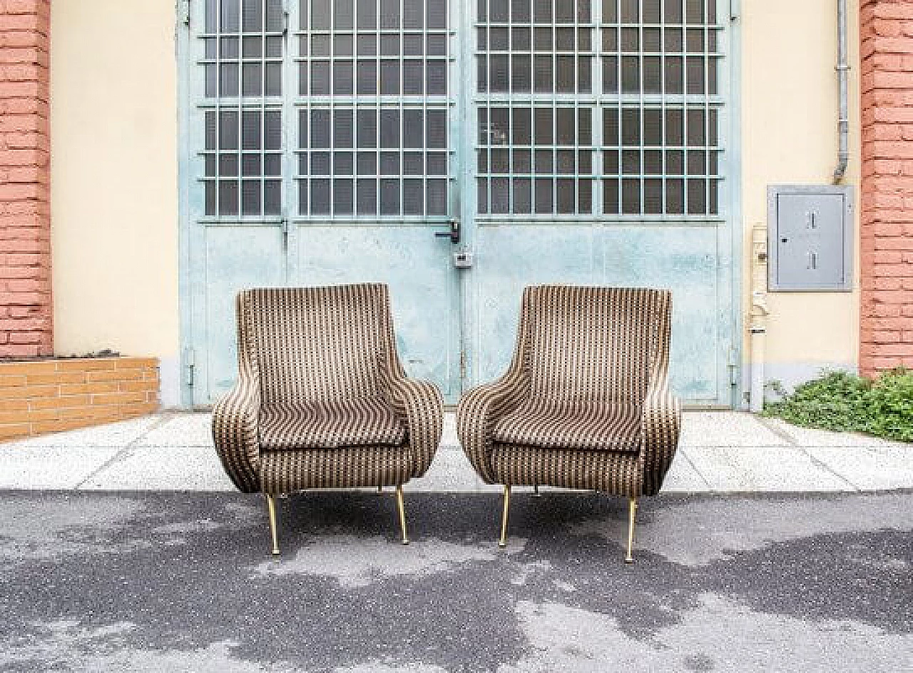 Pair of armchairs in fabric with brass legs, 1960s 1