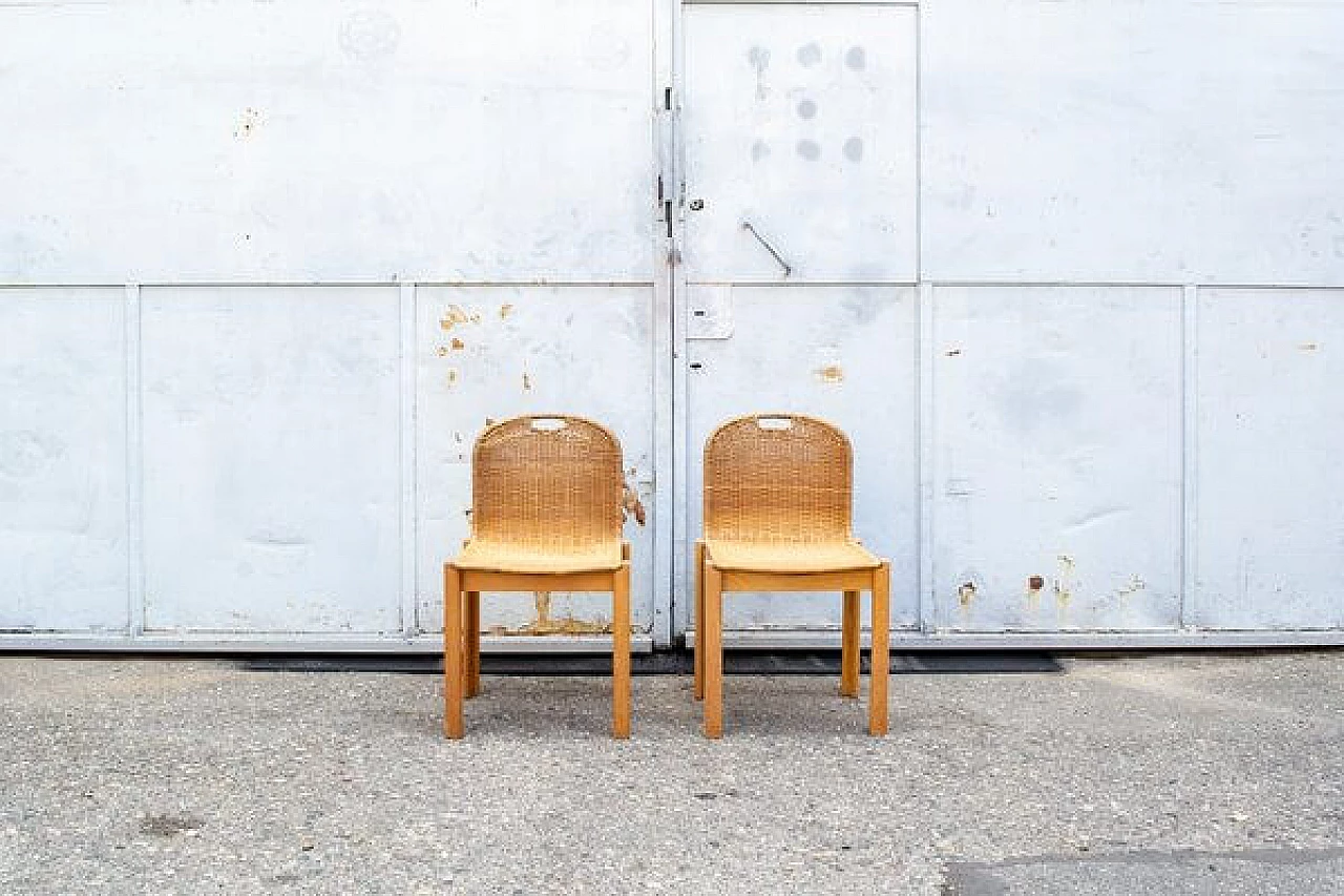 Pair of thatched and wooden chairs, 1960s 1