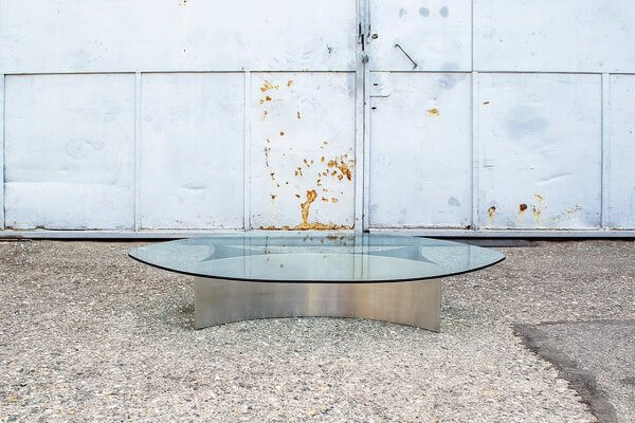 Coffee table with steel base and glass top, 1970s 3