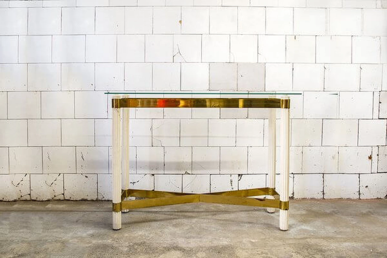Console table in lacquered wood, brass and glass, 1970s 1
