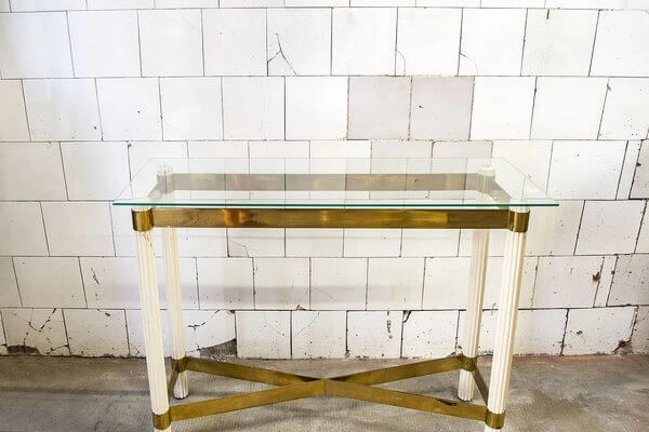 Console table in lacquered wood, brass and glass, 1970s 2