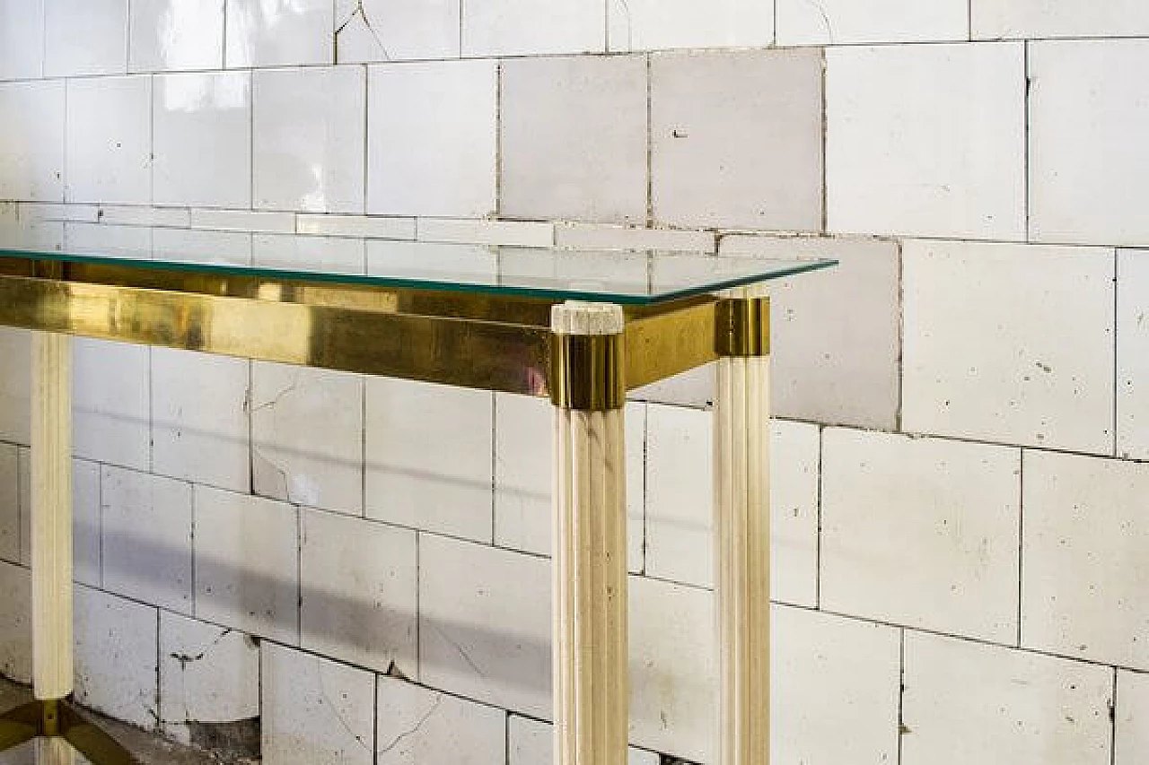 Console table in lacquered wood, brass and glass, 1970s 4