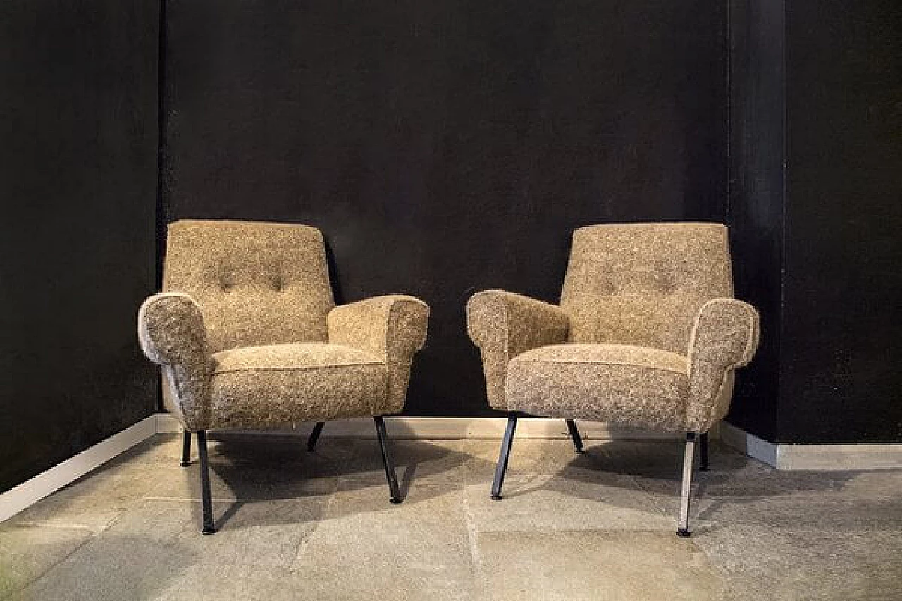 Pair of armchairs padded in fabric and metal legs, 1960s 1