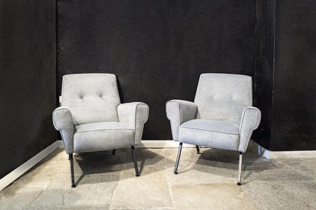 Pair of armchairs with metal legs and padding in fabric, 1960s 1