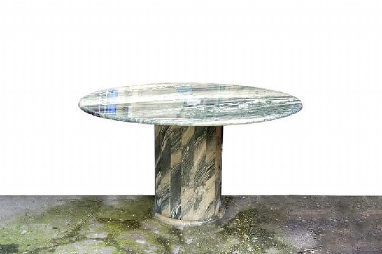 Circular green marble table with column structure, 1970s 1