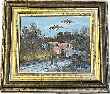 Safe cover painting with landscape, buildings and figures, early 20th century