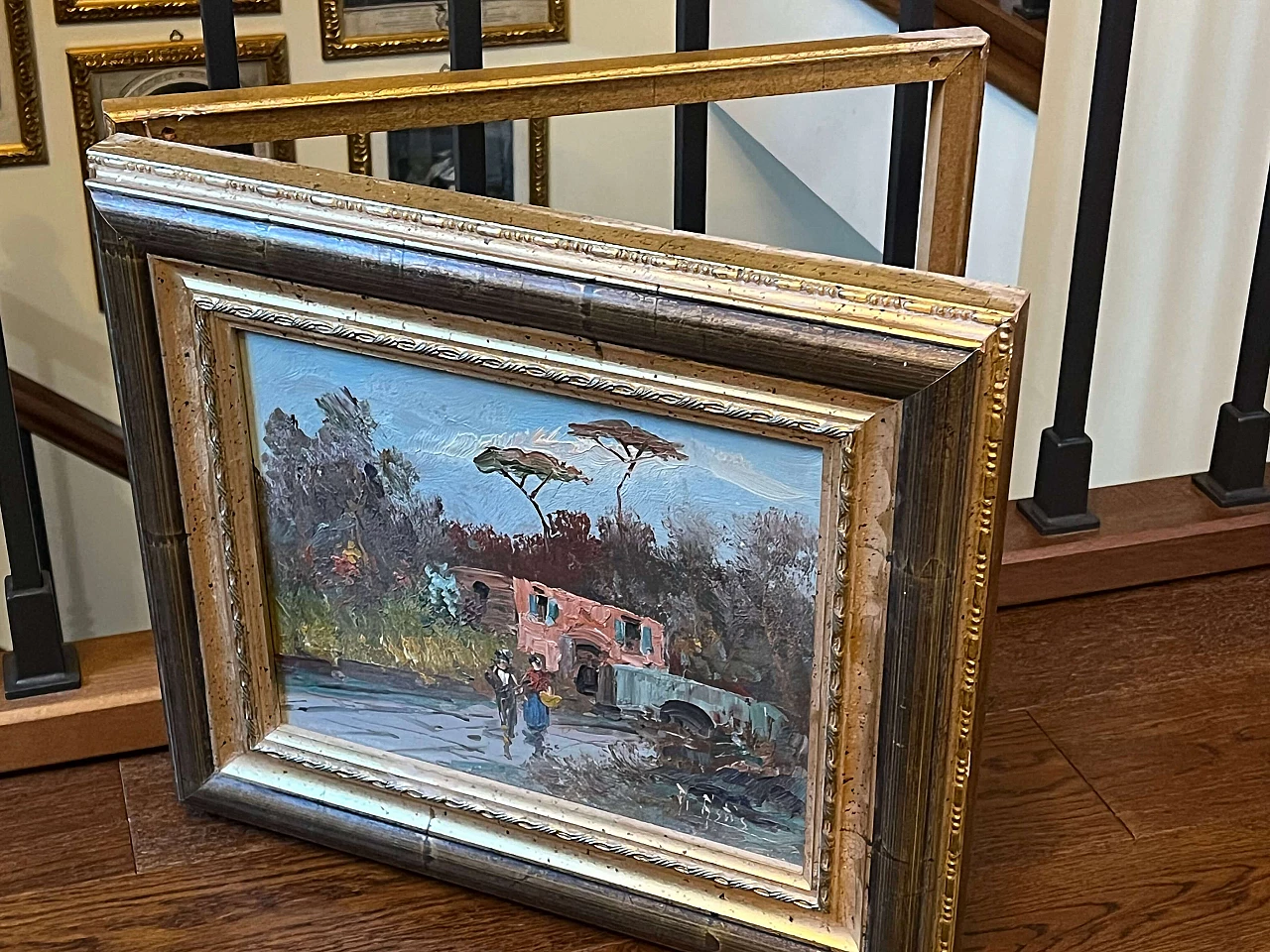 Safe cover painting with landscape, buildings and figures, early 20th century 4