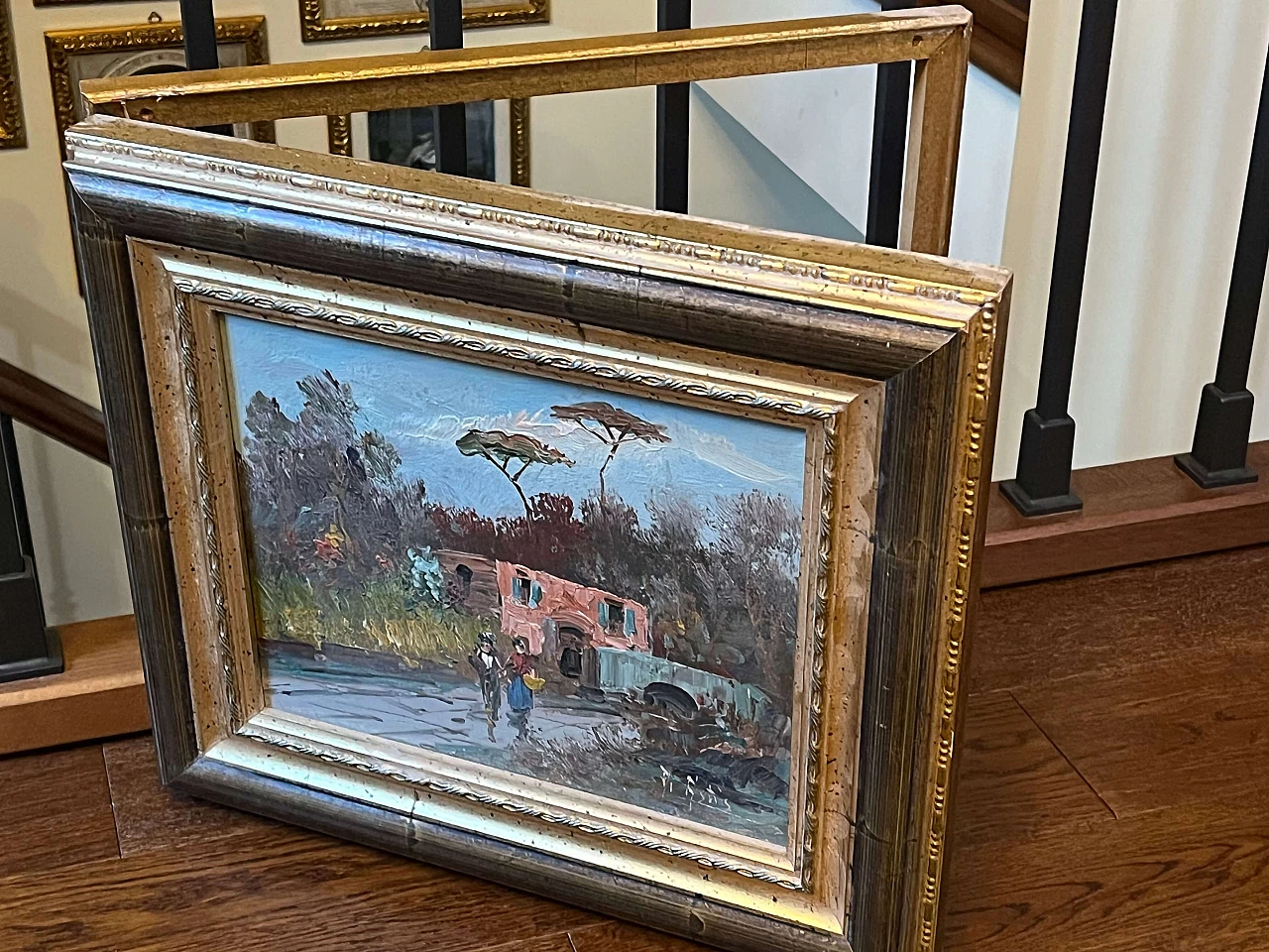 Safe cover painting with landscape, buildings and figures, early 20th century 5