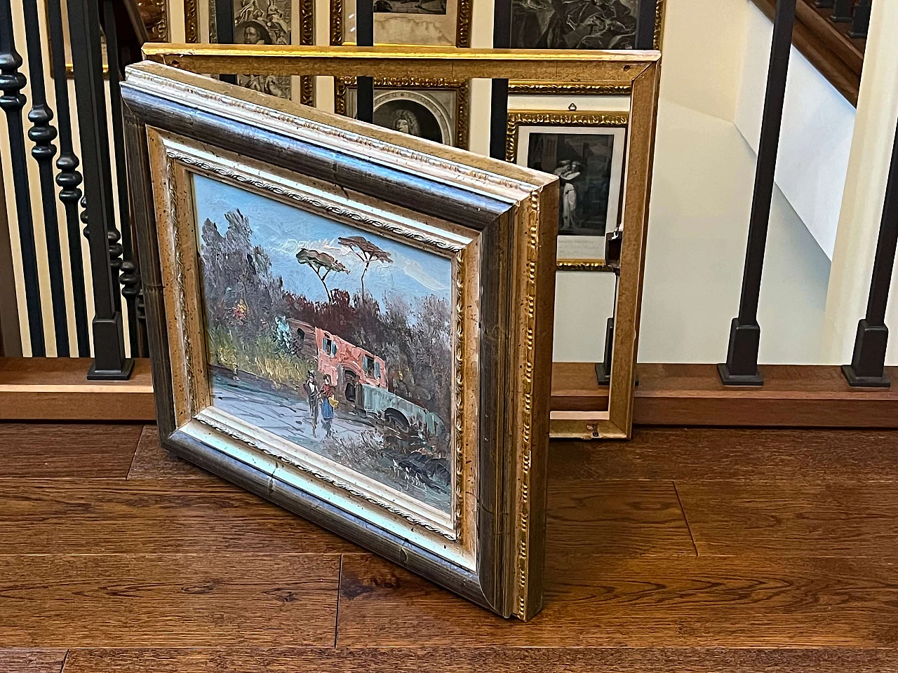 Safe cover painting with landscape, buildings and figures, early 20th century 6