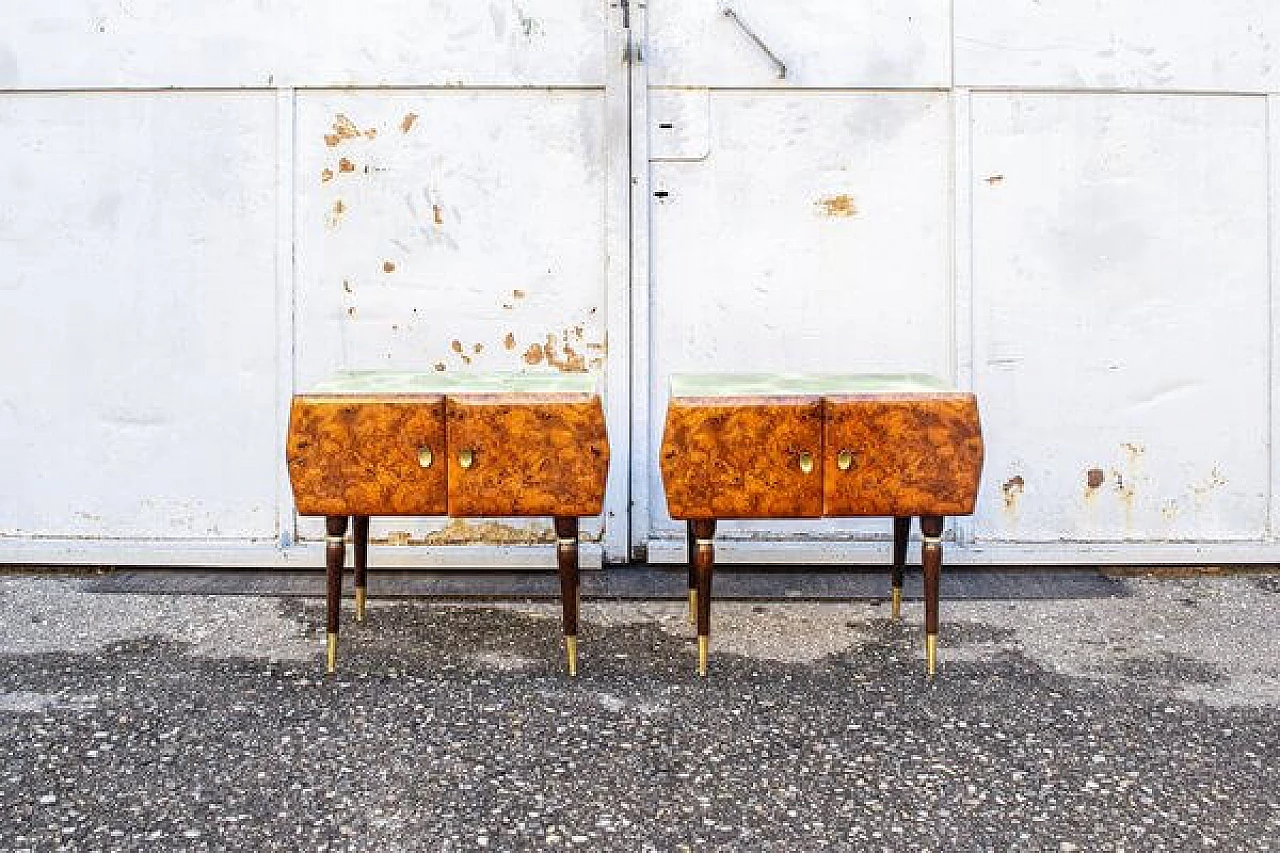 Pair of burl and glass bedside tables, Italy, 1950s 1
