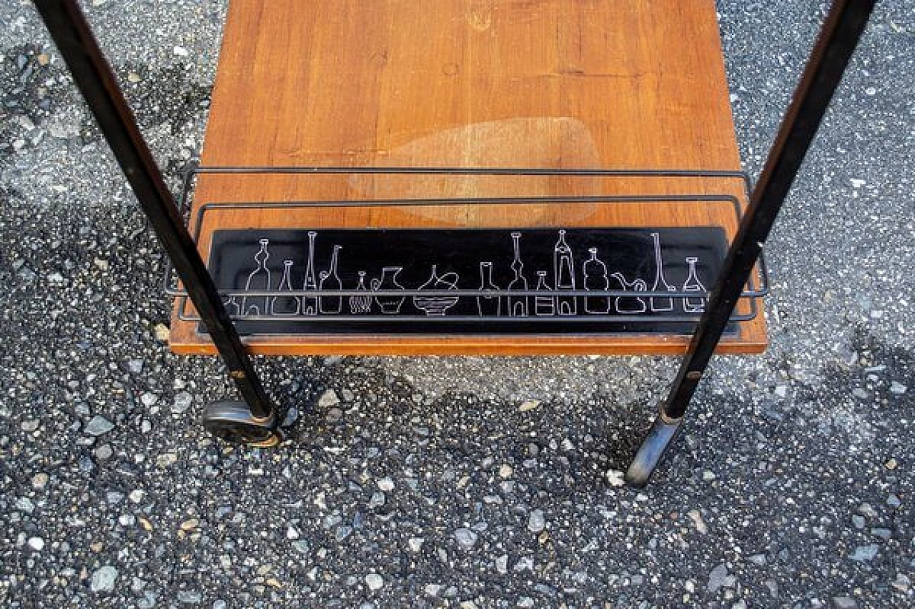 Wooden and metal bar cart with leather and enamel details, 1950s 4