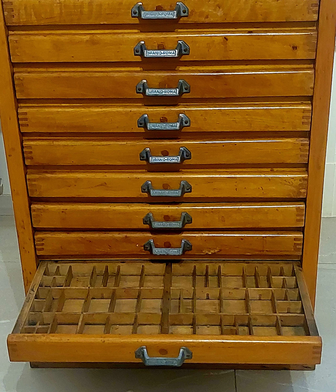 Wood typography chest of drawers with metal handles, 1950s 2