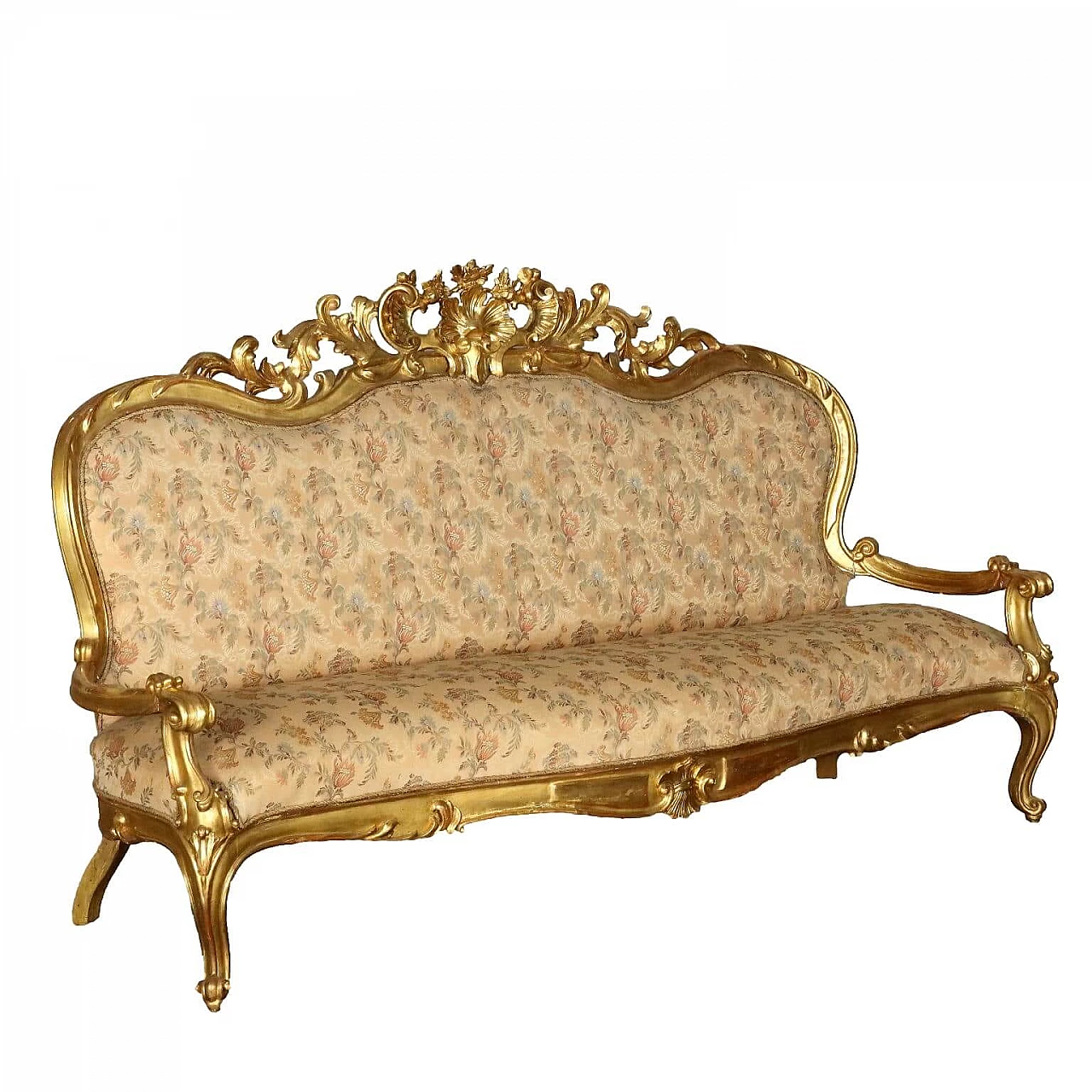 Neo-Baroque gilded wood and fabric sofa, late 19th century 1