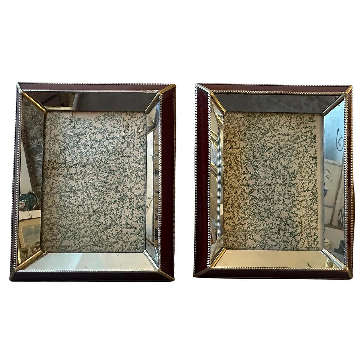Pair of Art Deco frames in brass, burgundy and mirrored glass, 1930s 1