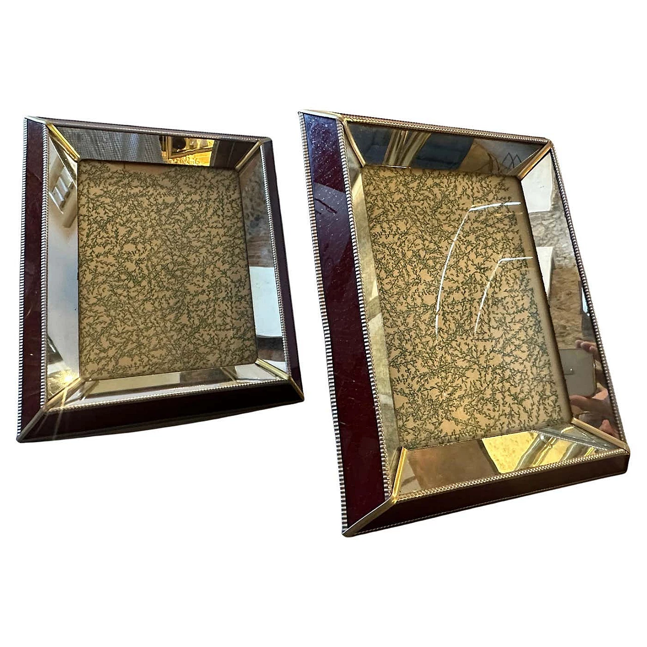 Pair of Art Deco frames in brass, burgundy and mirrored glass, 1930s 2