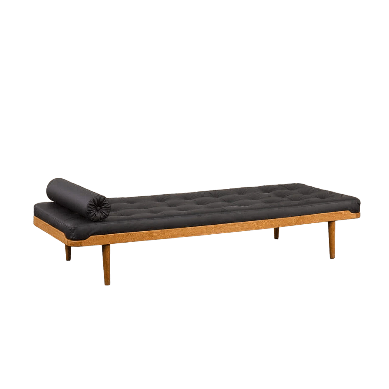 Danish solid oak and black leather daybed, 1960s 13