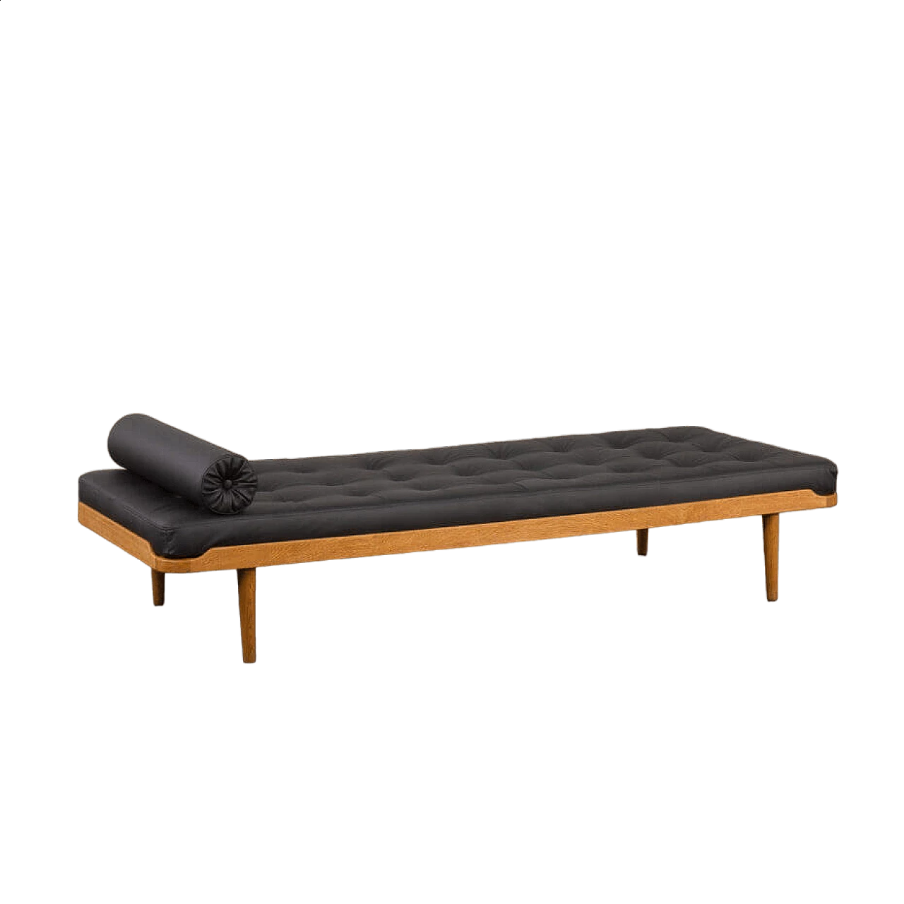 Daybed danese in rovere massiccio e pelle nera, anni '60 13