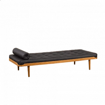 Danish solid oak and black leather daybed, 1960s