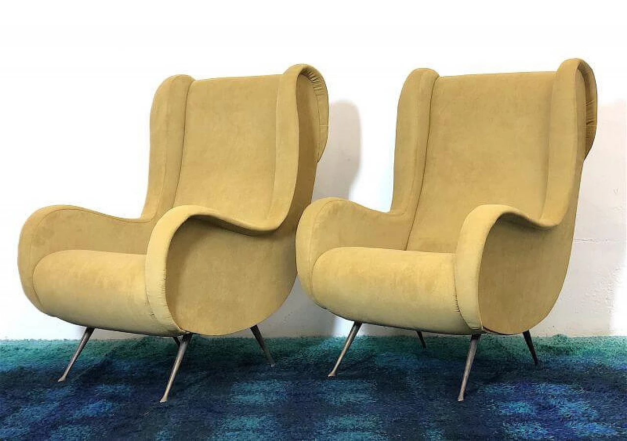 Pair of solid beech and velvet Senior armchairs attributed to Marco Zanuso, 1950s 2