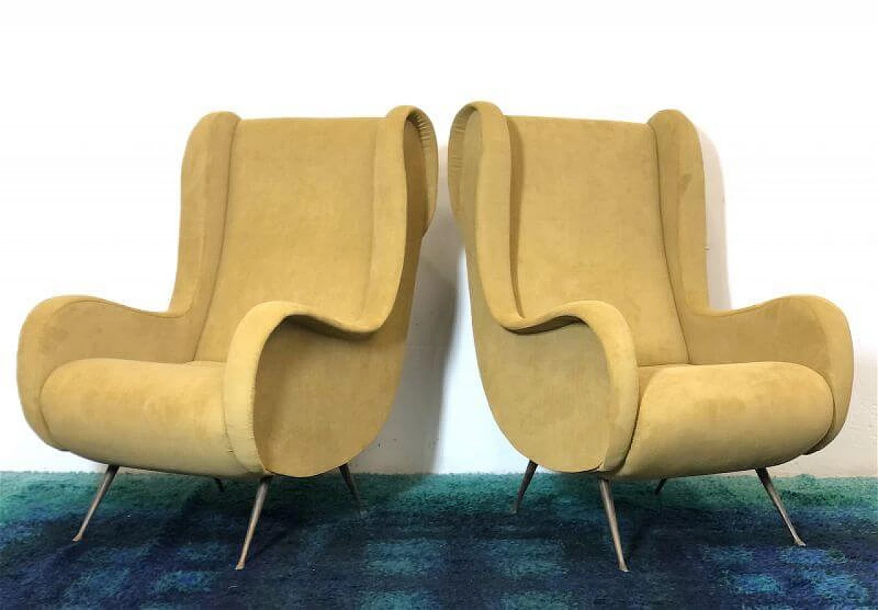 Pair of solid beech and velvet Senior armchairs attributed to Marco Zanuso, 1950s 6