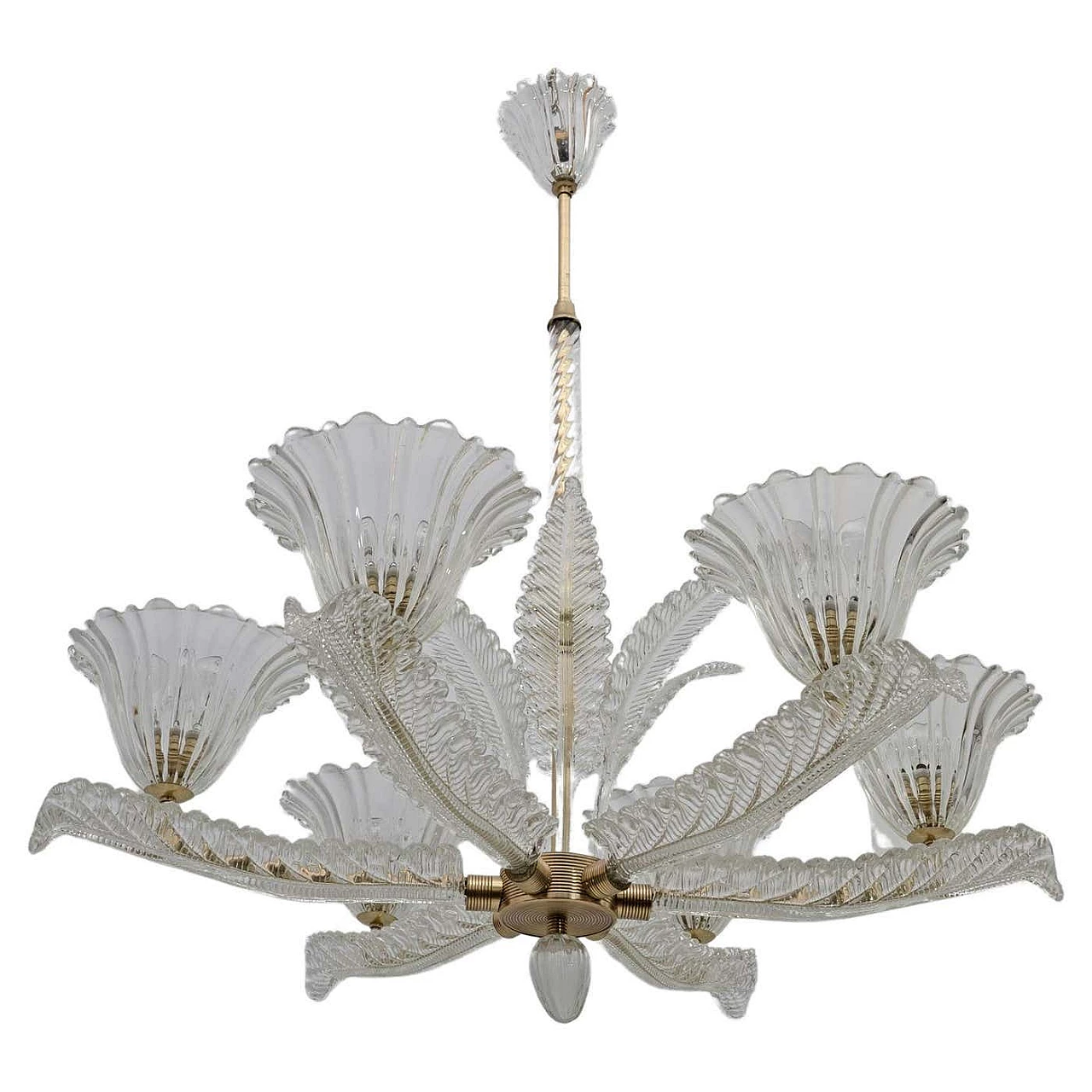 Art Deco Murano glass and brass chandelier by Ercole Barovier, 1930s 1