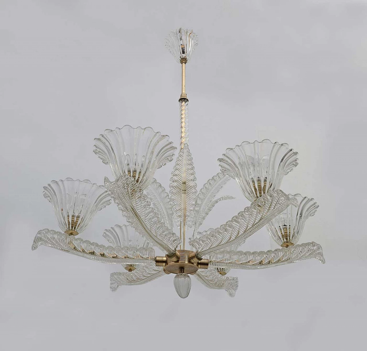 Art Deco Murano glass and brass chandelier by Ercole Barovier, 1930s 2